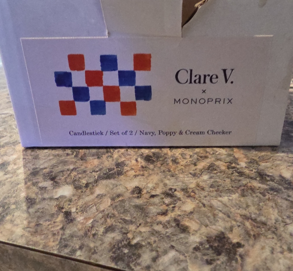 CLARE V X MONO PRIX Ceramic Candlestick Set White Blue Red Check Square Cube NEW - Picture 3 of 5